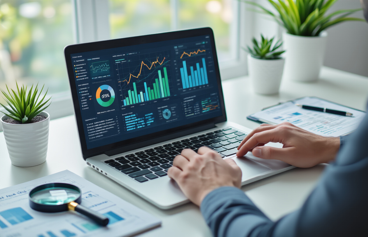 Create a realistic image of a clean, modern office desk setup with a laptop computer displaying colorful upward-trending analytics charts and graphs on the screen, surrounded by organized business documents and a few SEO-related items like a magnifying glass and notepad, with a white male professional's hands typing on the keyboard, set against a bright, well-lit office background with natural window lighting creating an atmosphere of success and productivity, with subtle green and blue color tones throughout the scene to convey growth and trust, absolutely NO text should be in the scene.